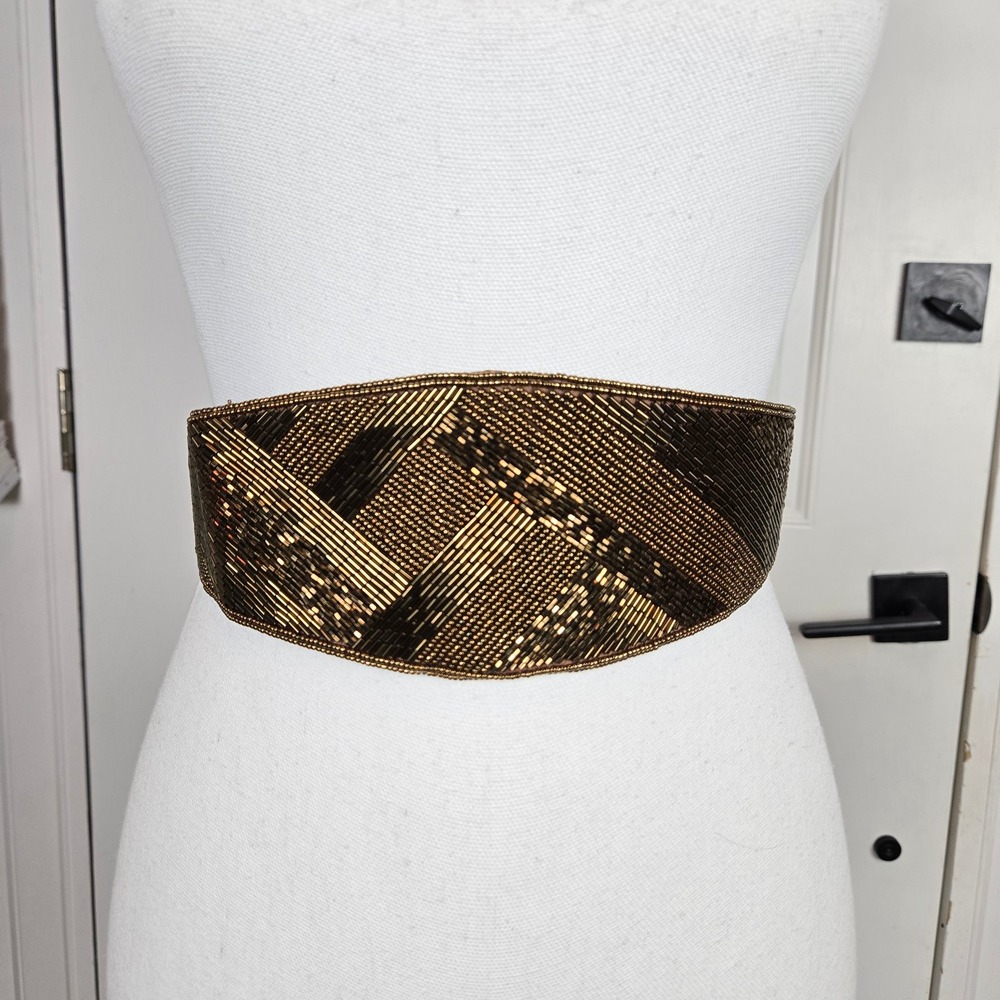 Carolyne Barton Beaded Statement Belt Brown Bronze Woven Wide Stretch Waist S/M